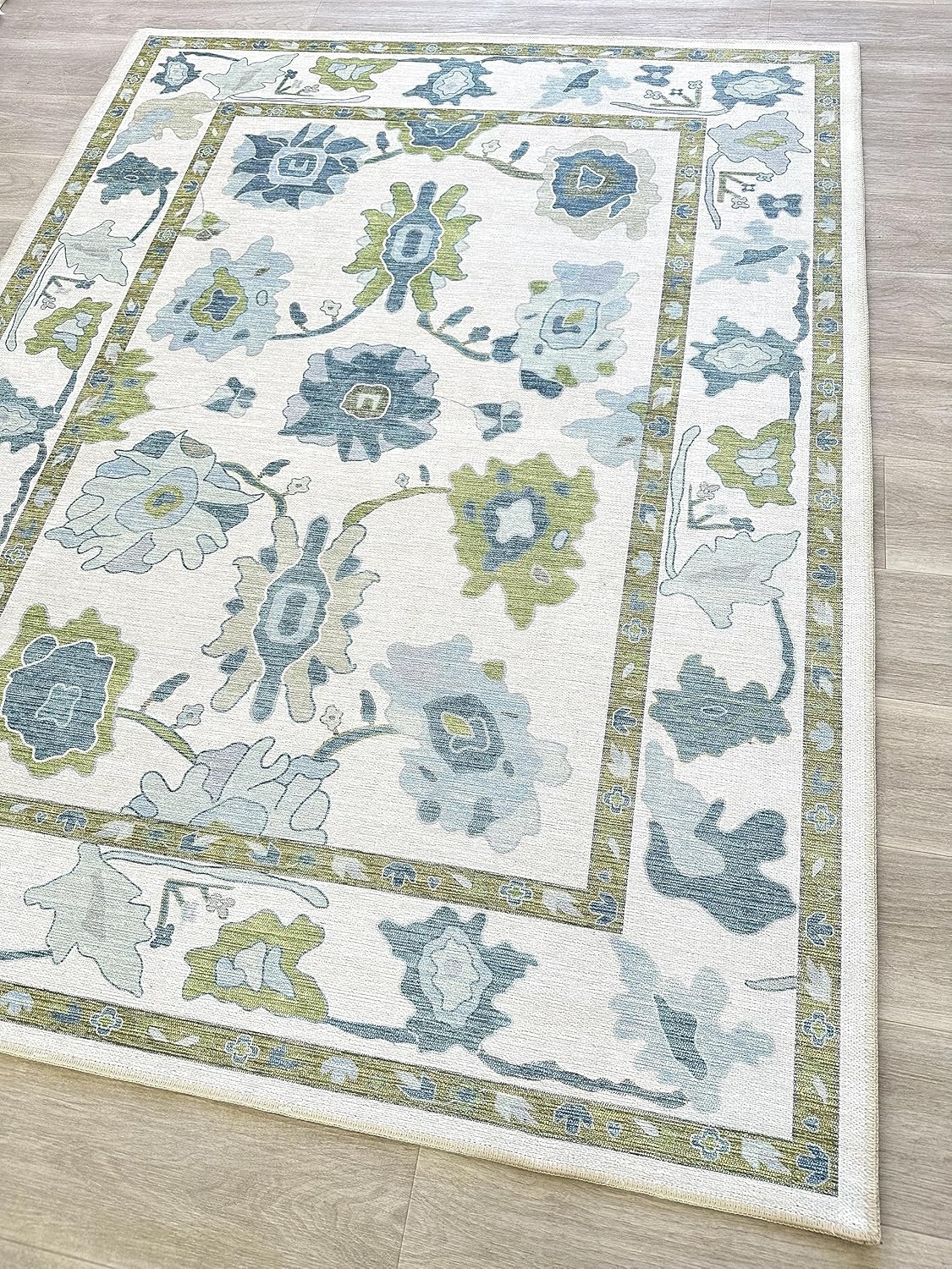 Green Oushak Rug, Modern, Vintage, Turkish, Eclectic, Floral, Pastel, Washable,...