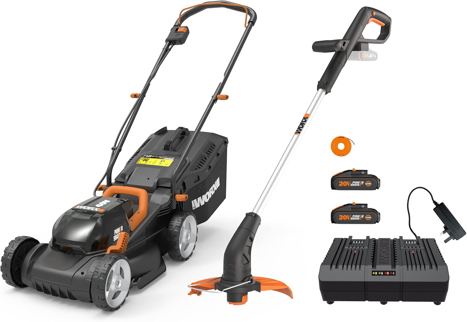 Worx WG927E 40V Cordless Lawnmower & Trimmer Twin Pack – 34cm Mower & 20V Grass...