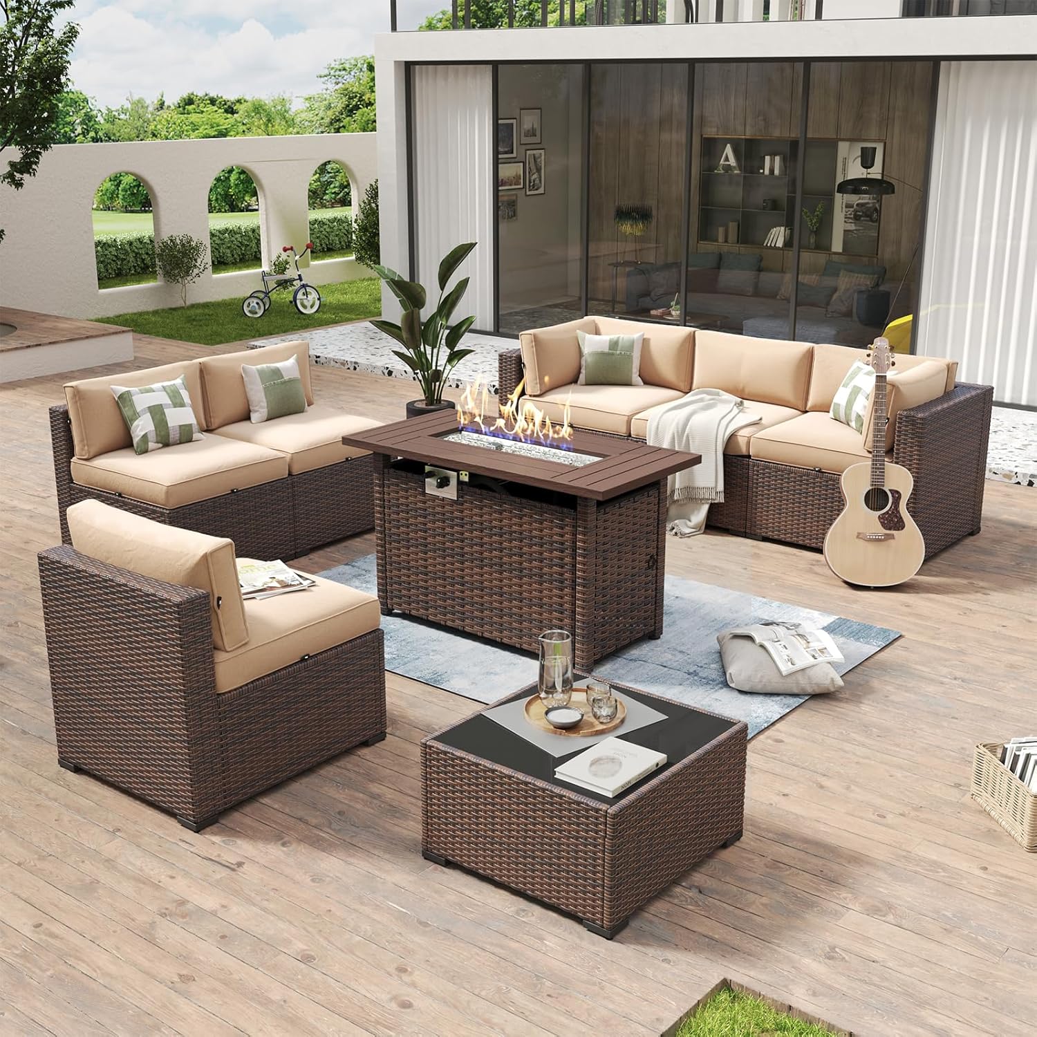 Aoxun 8 Piece Patio Furniture Set with 44” Fire Pit Table Wicker Rattan Outdoor...