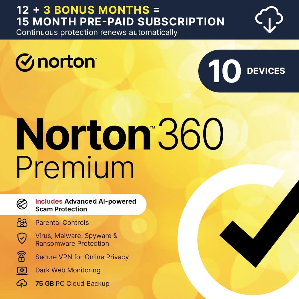 Norton 360 Premium 2025, Antivirus Software for 10 Devices and ‎15 Month Subscri...