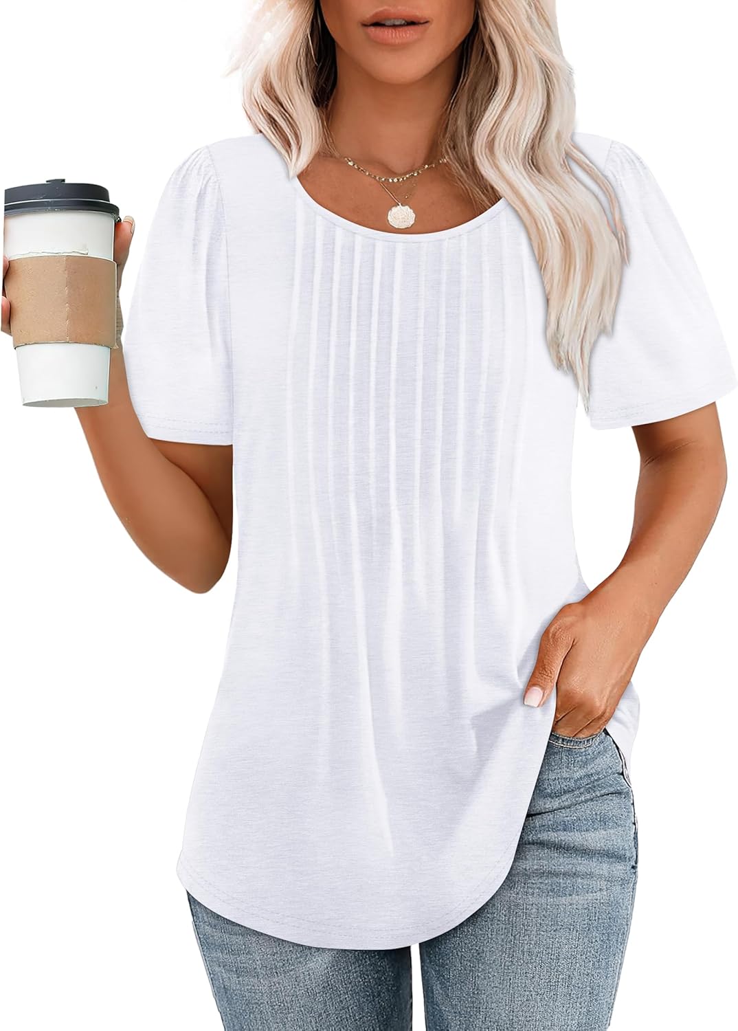 OFEEFAN Womens T Shirts Short Sleeve Pleated Dressy Casual Scooped Neck Summer T...