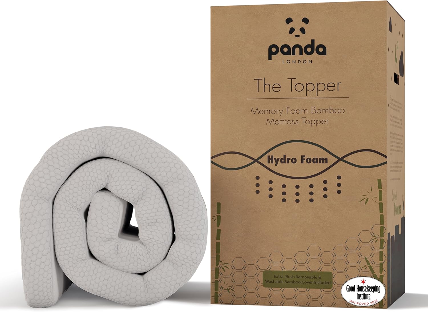 Panda Bamboo Mattress Topper 5cm Thick - Hypoallergenic, Orthopaedic Support, Co...