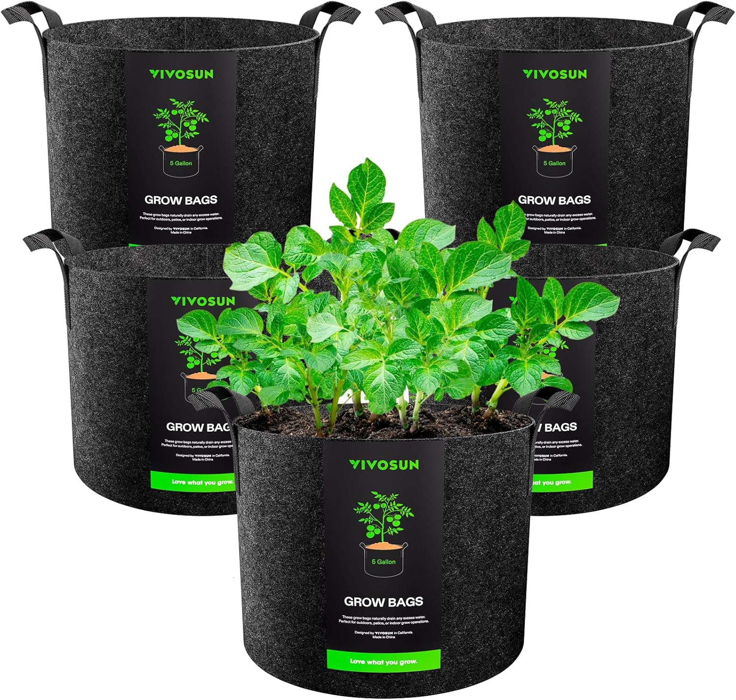 VIVOSUN 5-Pack 5 Gallon Grow Bags Heavy Duty 300G Thickened Nonwoven Plant Fabri...