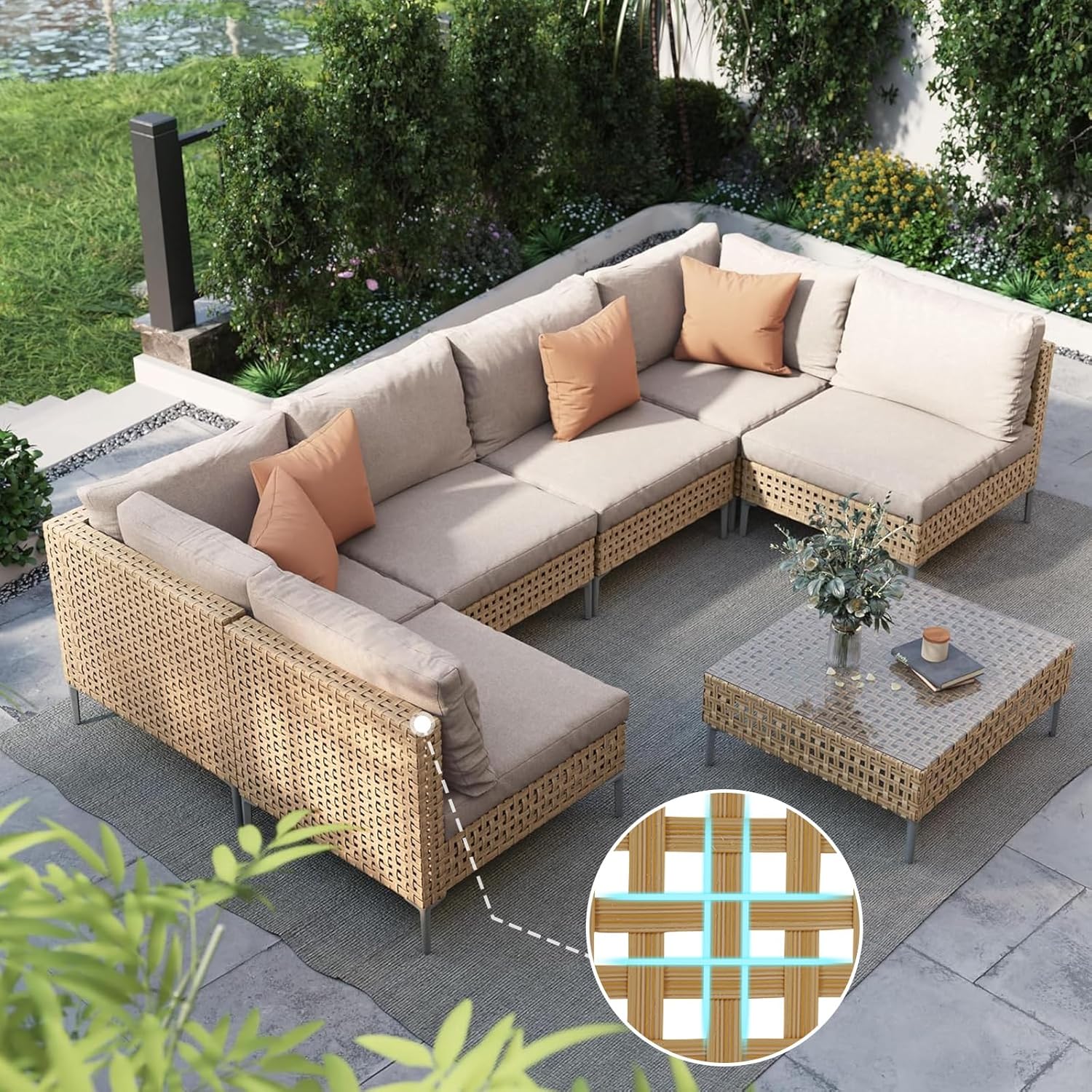Grand patio 7-Piece Wicker Patio Furniture Set, Boho Outdoor Conversation Set Se...