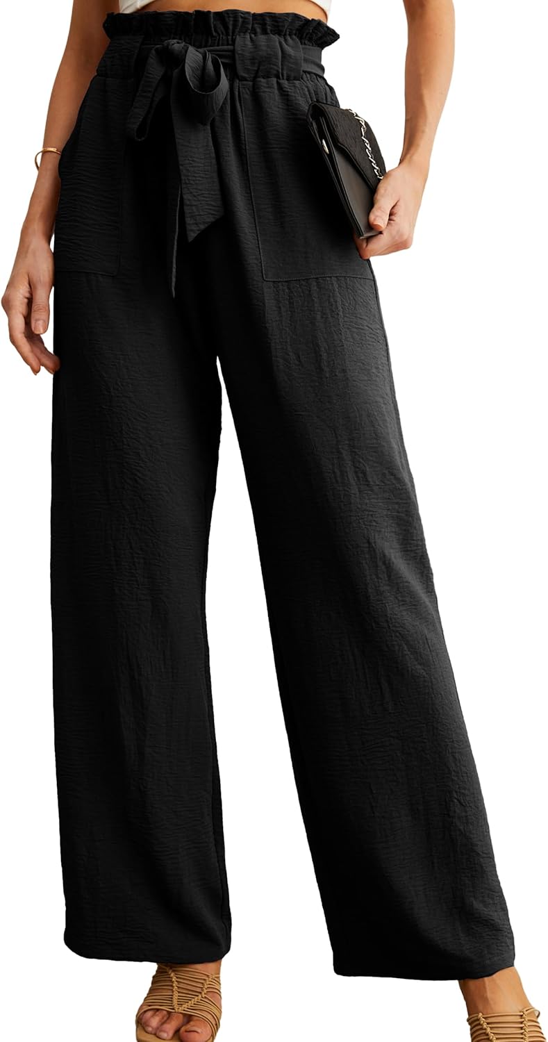 IWOLLENCE Women's Wide Leg Pants with Pockets High Waist Adjustable Knot Loose C...