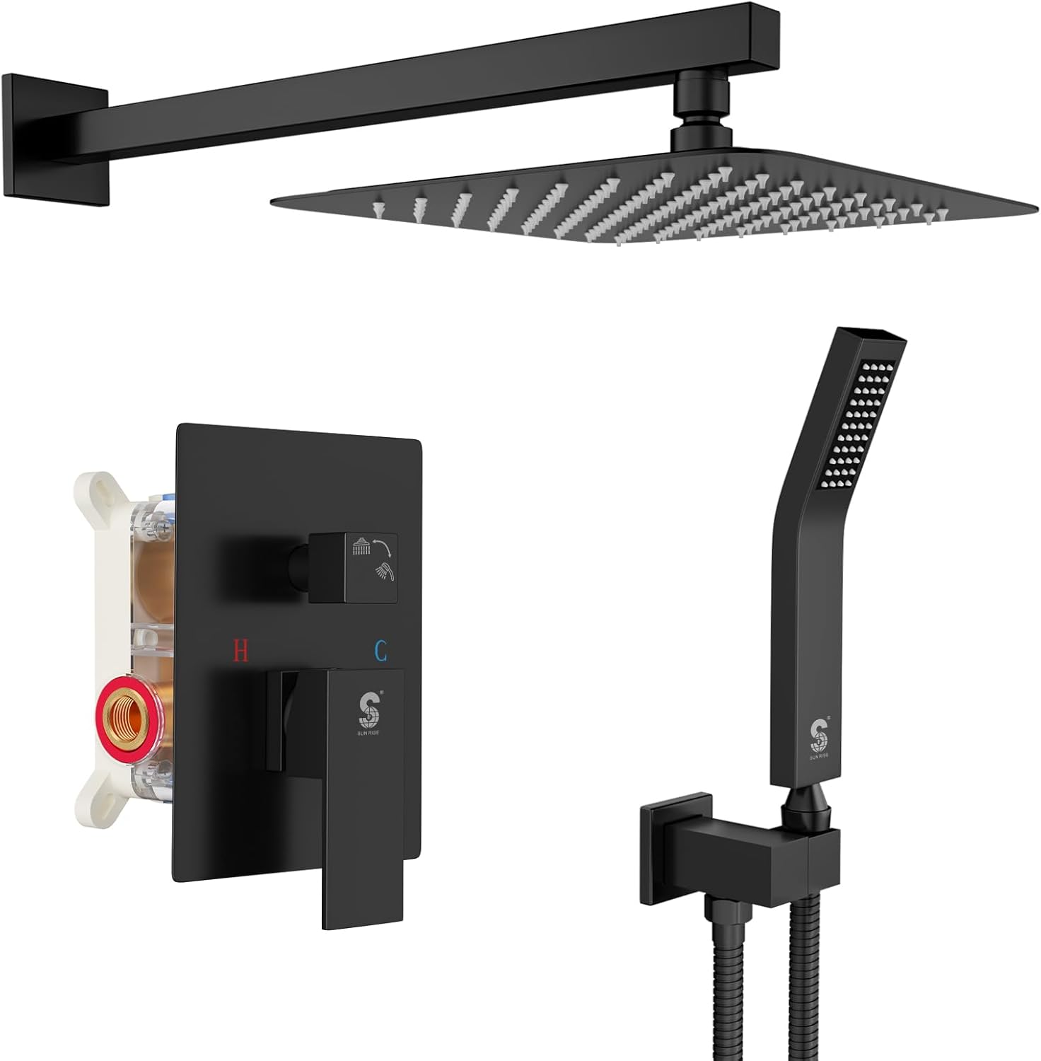 SR SUN RISE Black Square Rainfall Shower Head and Handle Set, Wall Mounted Showe...