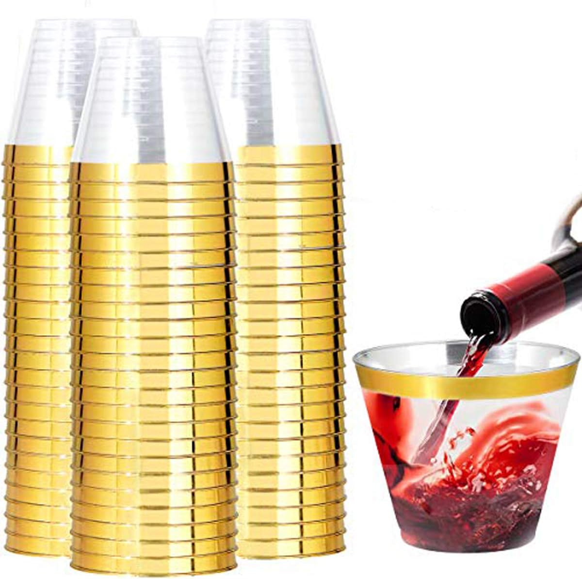 I00000 200 Pack Gold Plastic Cups, 9 Oz Elegant Clear Plastic Cups Gold Rimmed D...