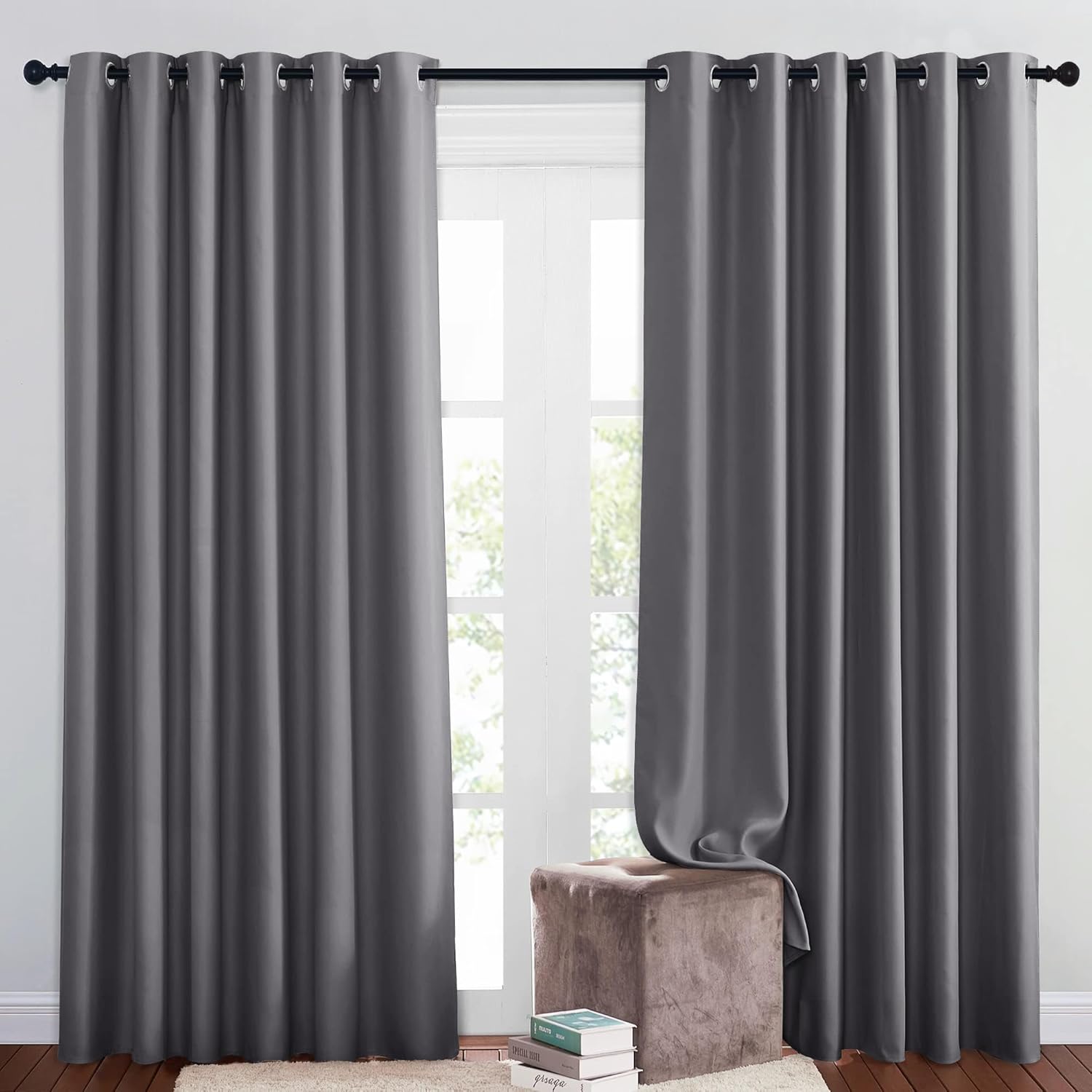 PONY DANCE Extra Wide Grey Blackout Curtains 84 Inch Drop for Living Room Therma...