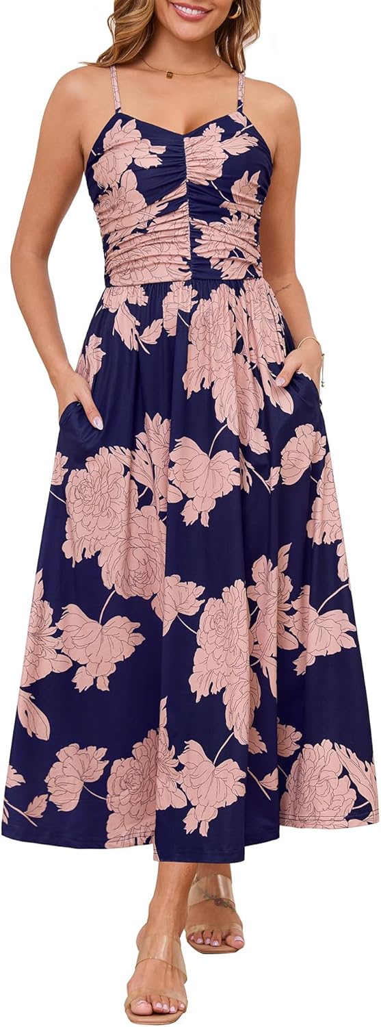 Annebouti Women 2025 Summer Spring Ruched Maxi Dress Adjustable Spaghetti Strap...