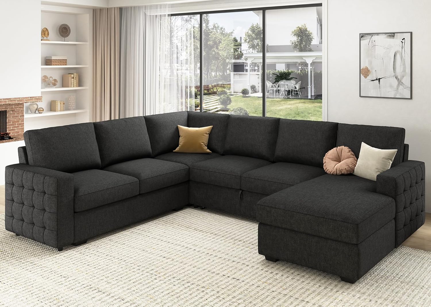 HONBAY Sectional Sleeper Sofa with Pull Out Bed U-Shape Sectional Couch with Sto...