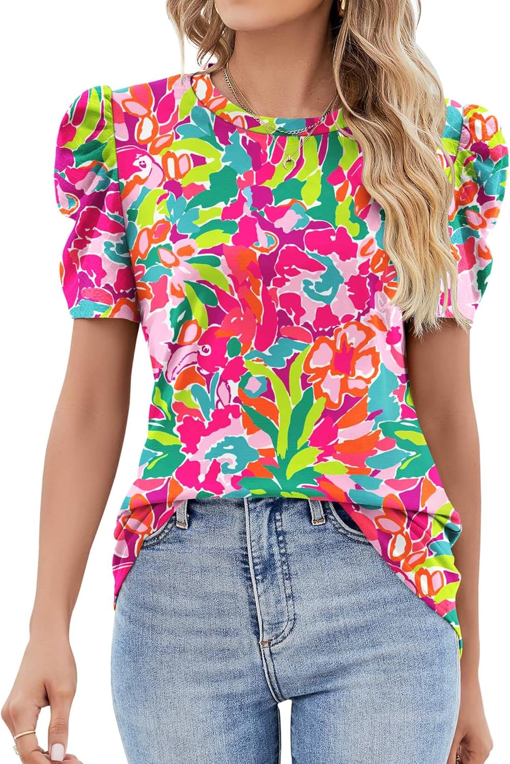 Ivicoer Puff Short Sleeve Shirt for Women Eyelet Tops Summer Crewneck Blouse Loo...