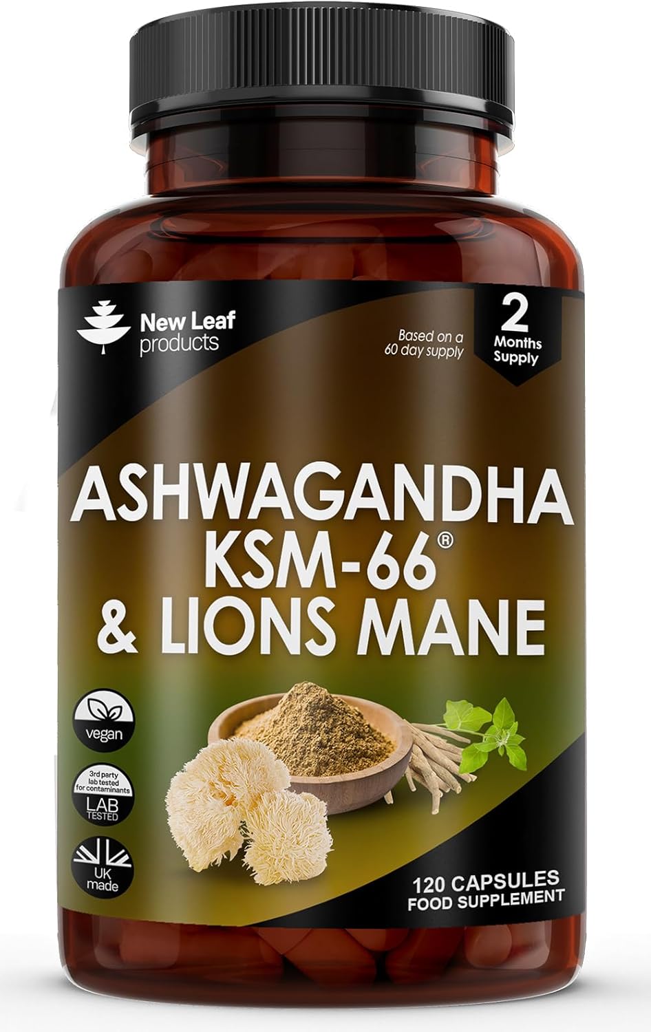 Ashwagandha KSM-66 and Lions Mane Capsules - High Strength 2000mg KSM-66 Ashwagh...