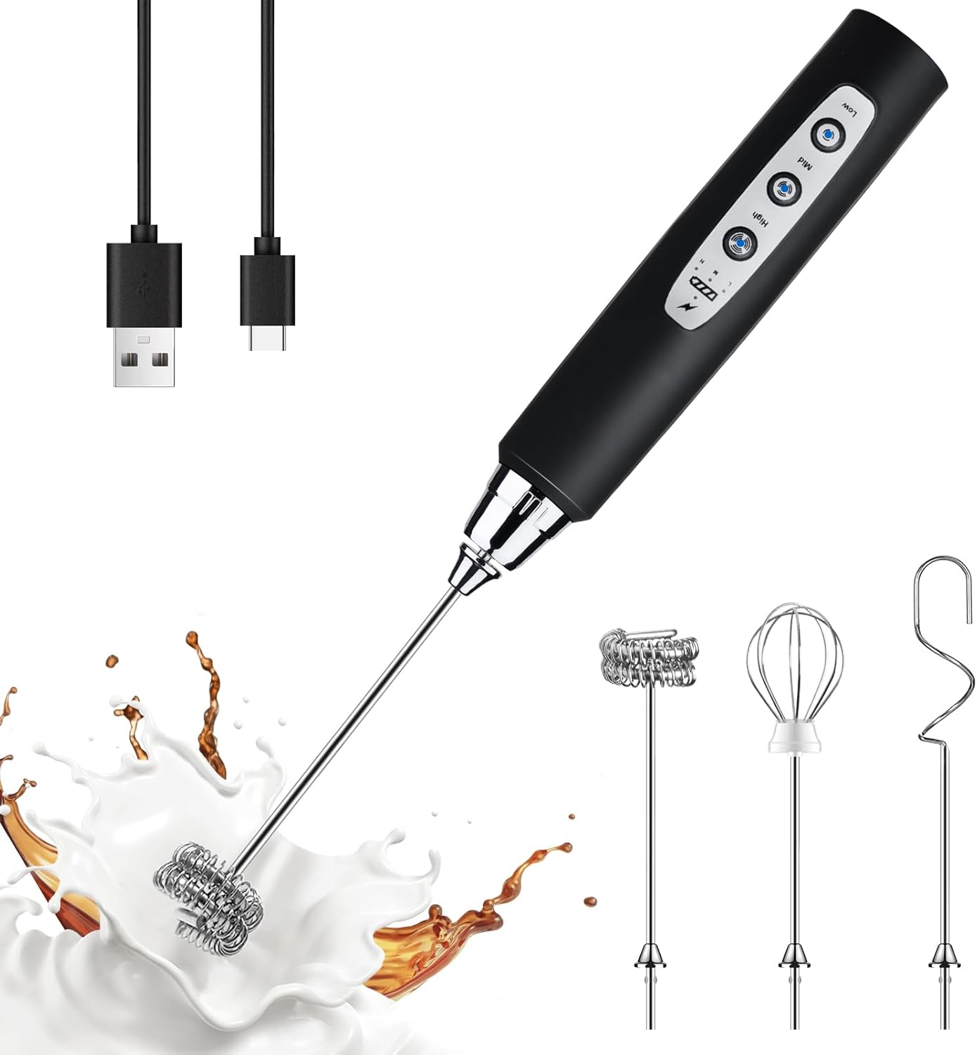 YUSWKO Black Handheld Milk Frother Wand for Coffee, Rechargeable Electric Whisk...