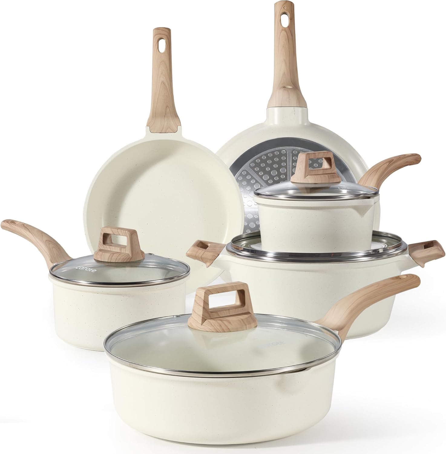 Premium CAROTE Pots and Pans Sets, Essential Non Stick White Granite Induction C...