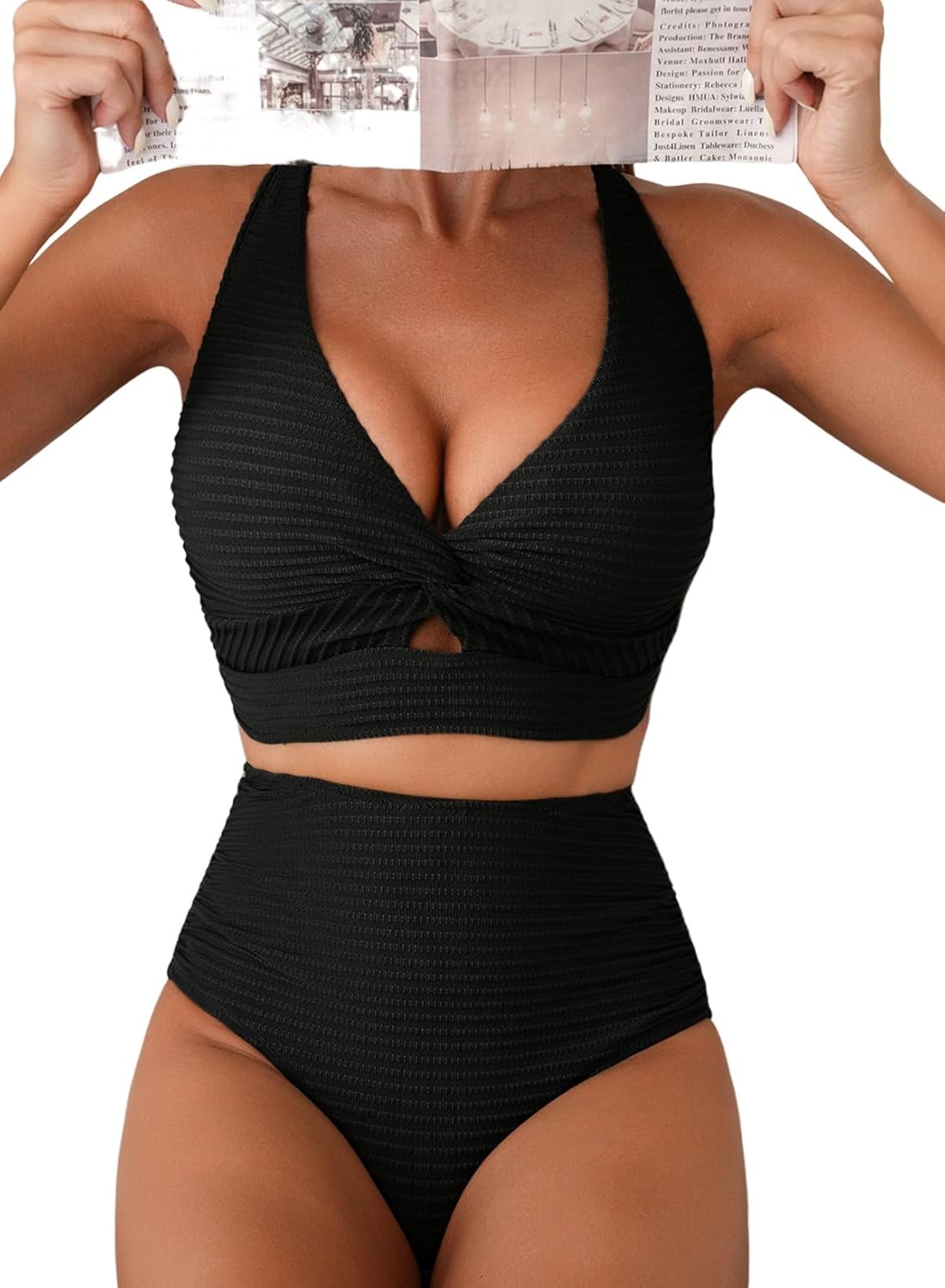 Herseas Women's Textured Bikini Sets Twist Front Top Swimsuits High Waisted Bath...