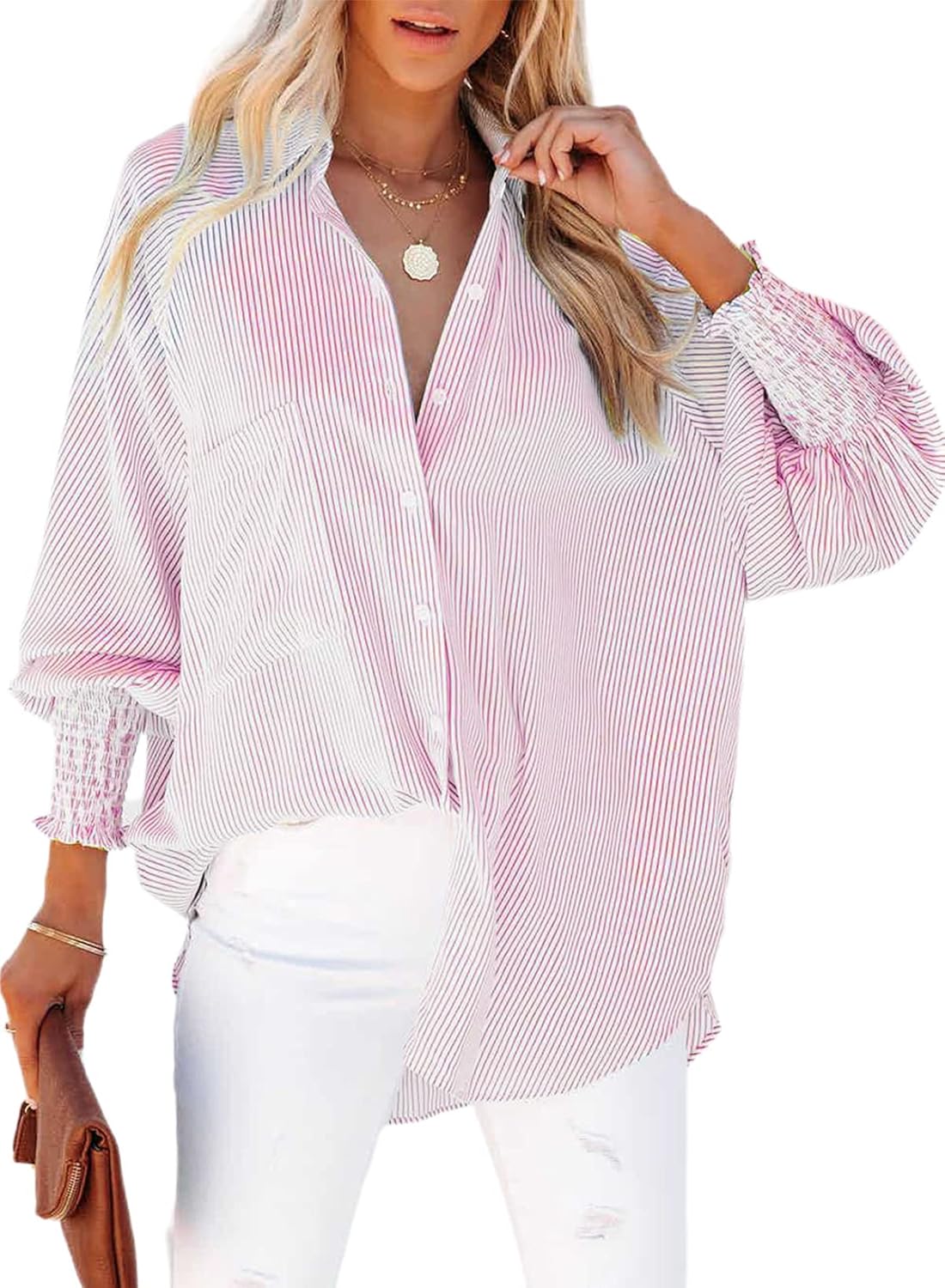 Women's Smocked Cuffed Shirt, Special Striped Boyfriend Shirt, High-Quality Casu...