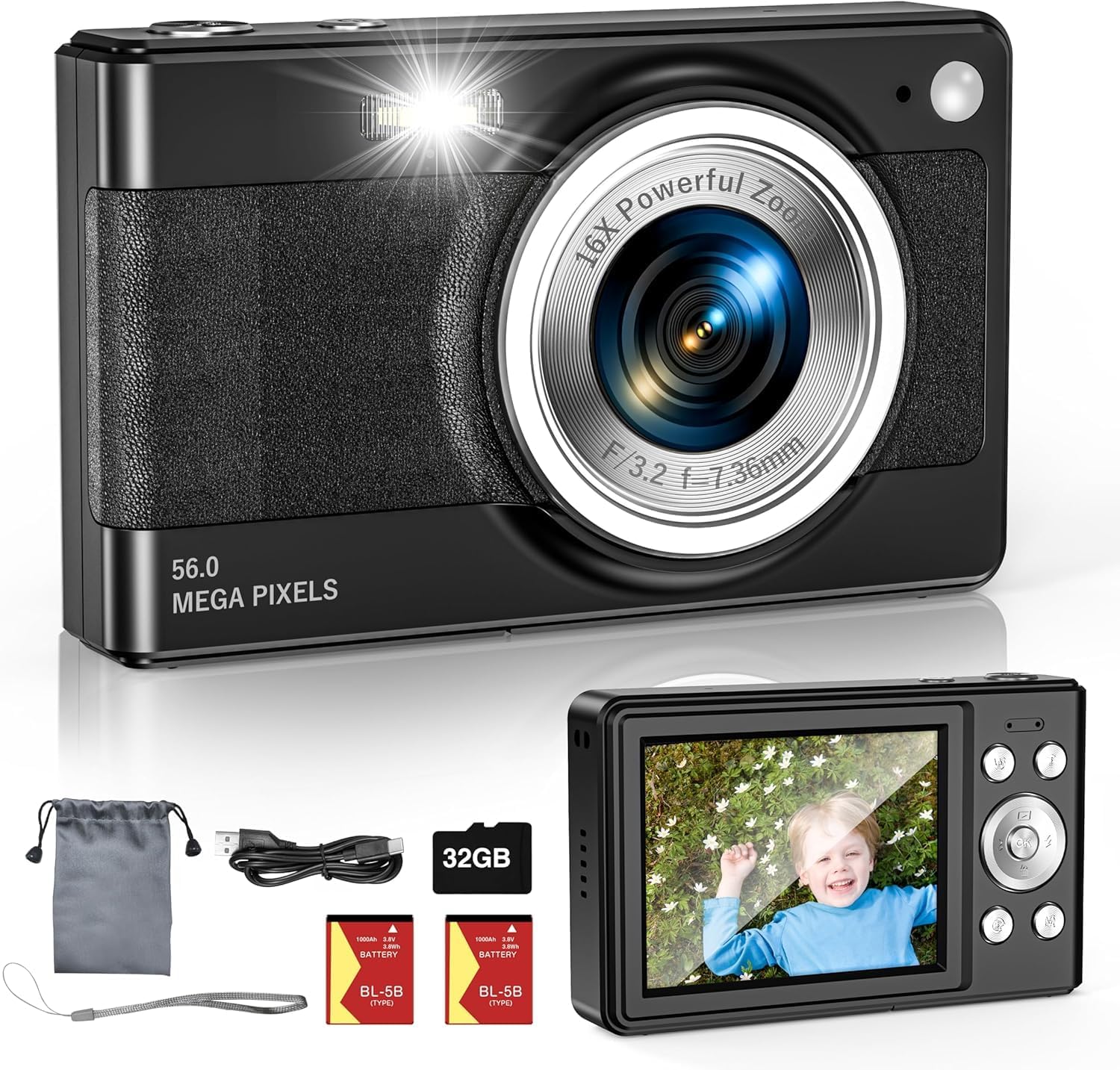 Upgrade Digital Camera, 56MP FHD 1080P 16X Kids Digital Zoom Camera, 32GB TF Car...