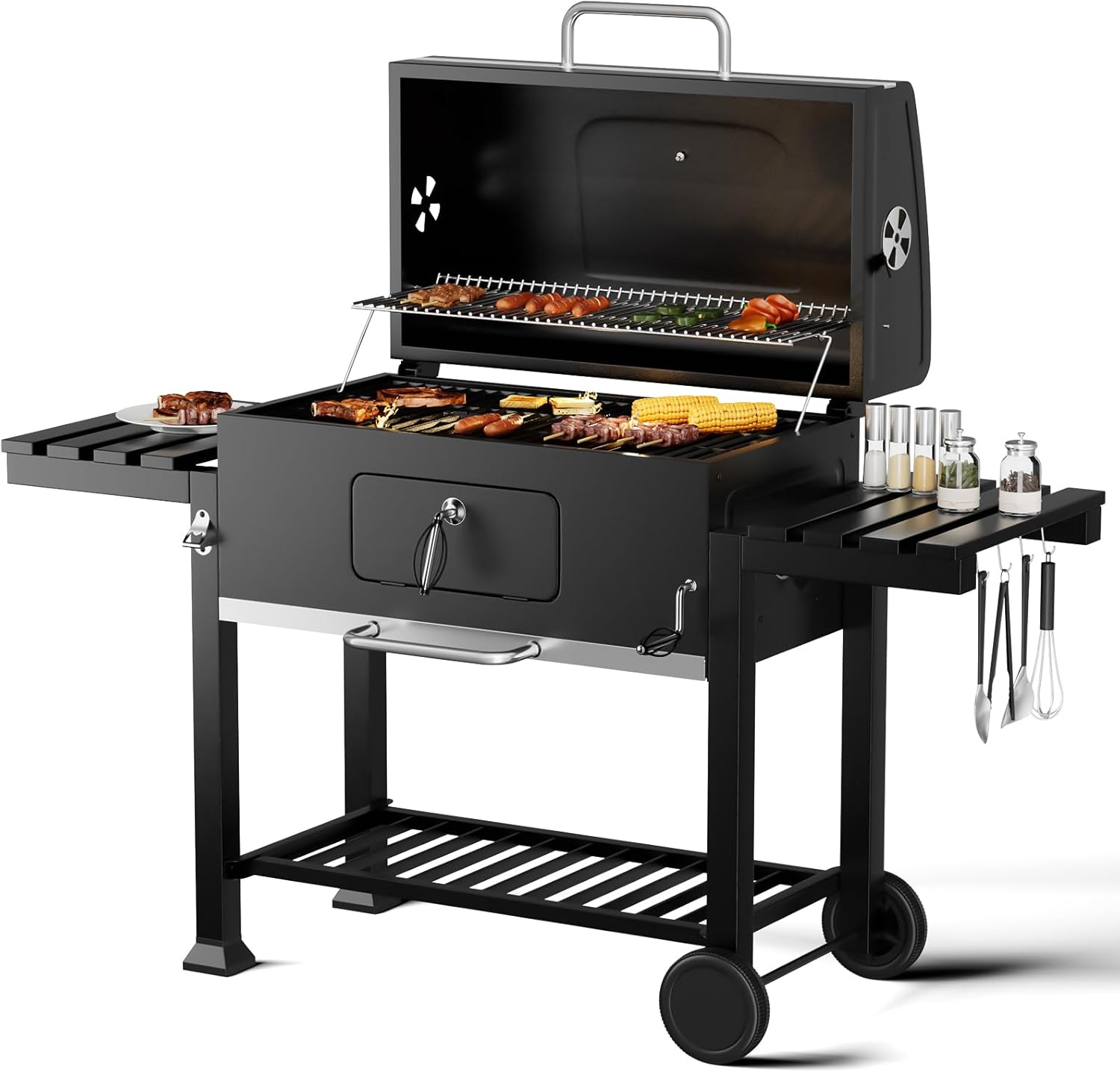 DKIEI XXXL Smoker Charcoal BBQ, Portable Barbecue Grill with Wheel & 2 Folding T...