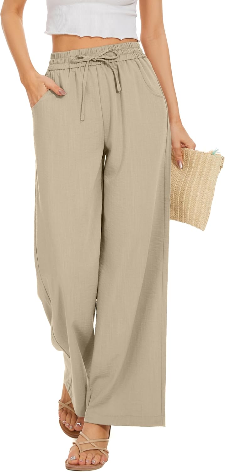 Women Pants Flowy Pants Drawstring Waist Wide Leg Palazzo Beach Pants Loose Fit...