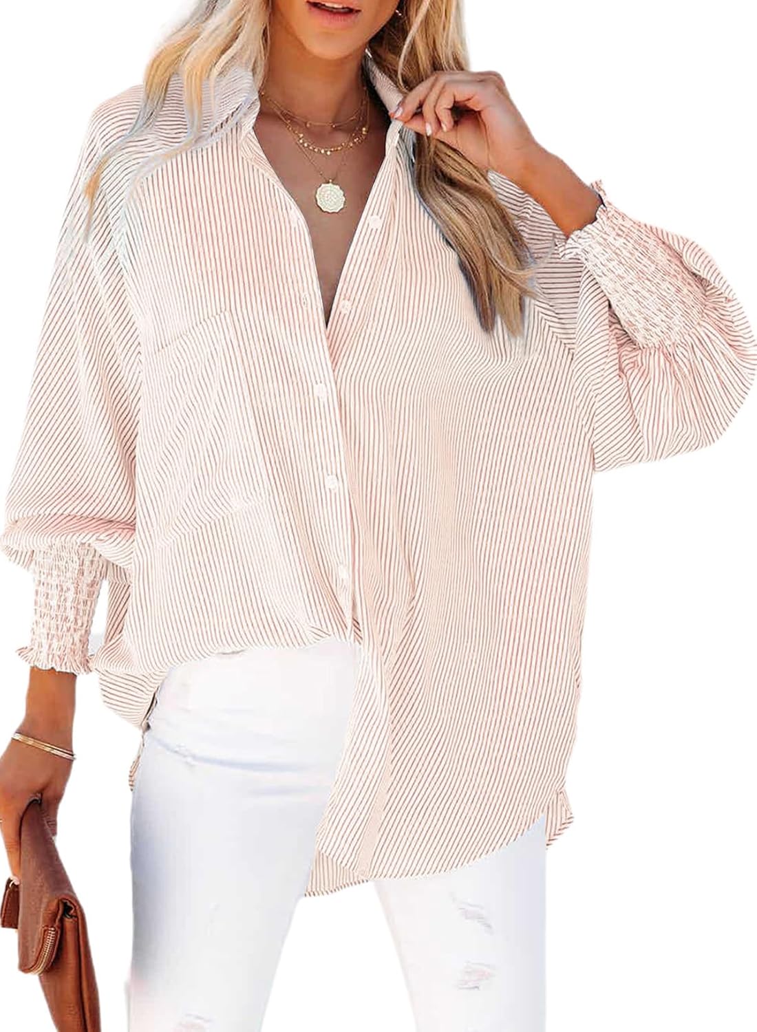 Womens Smocked Shirt, Special Striped Boyfriend Shirt, Innovative Casual Collar...