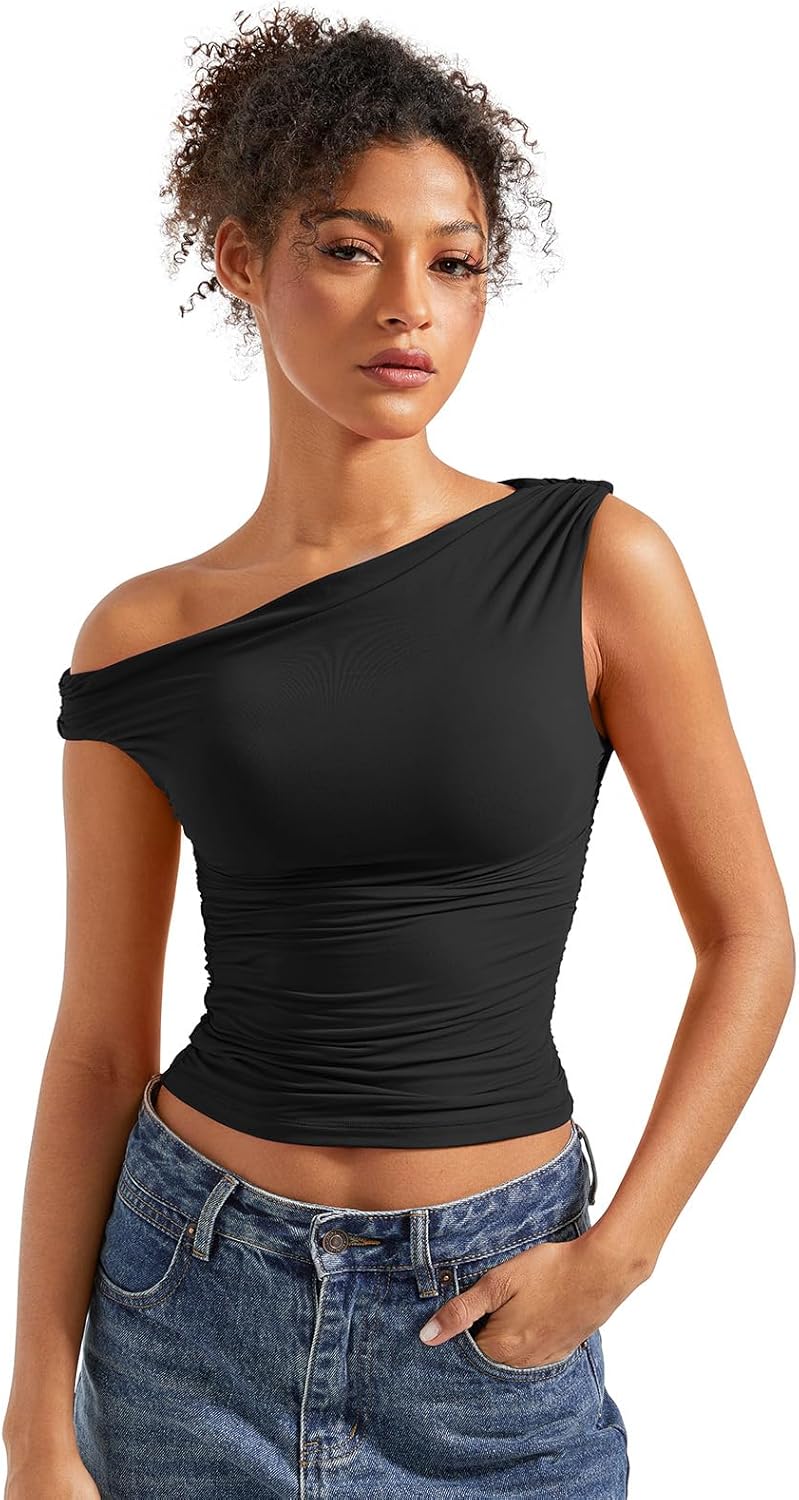 SUUKSESS Women Off Shoulder Tops Sleeveless Shirts Y2K Going Out Crop Tank Top M...