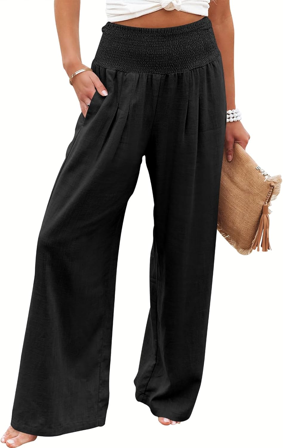 ANRABESS Women Linen Palazzo Pants Summer Boho Wid...