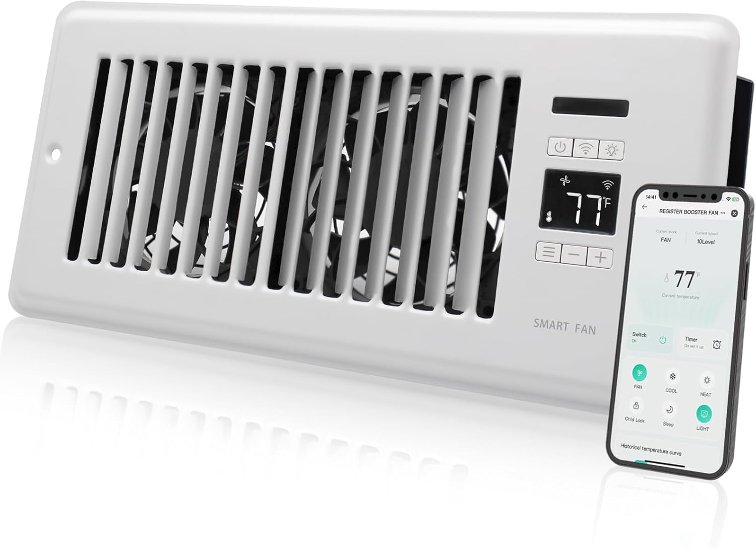 Super Quiet Register Booster Fan for 4" x 10" Register Holes, Smart Register Ven...