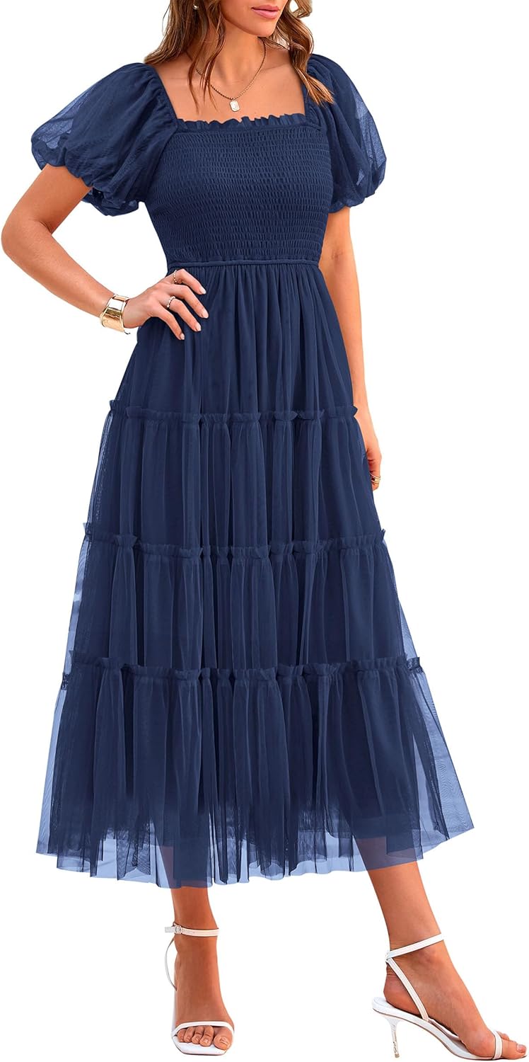 Elegant PRETTYGARDEN Smocked Midi Tulle Dress, High-Quality Summer Wedding Guest...