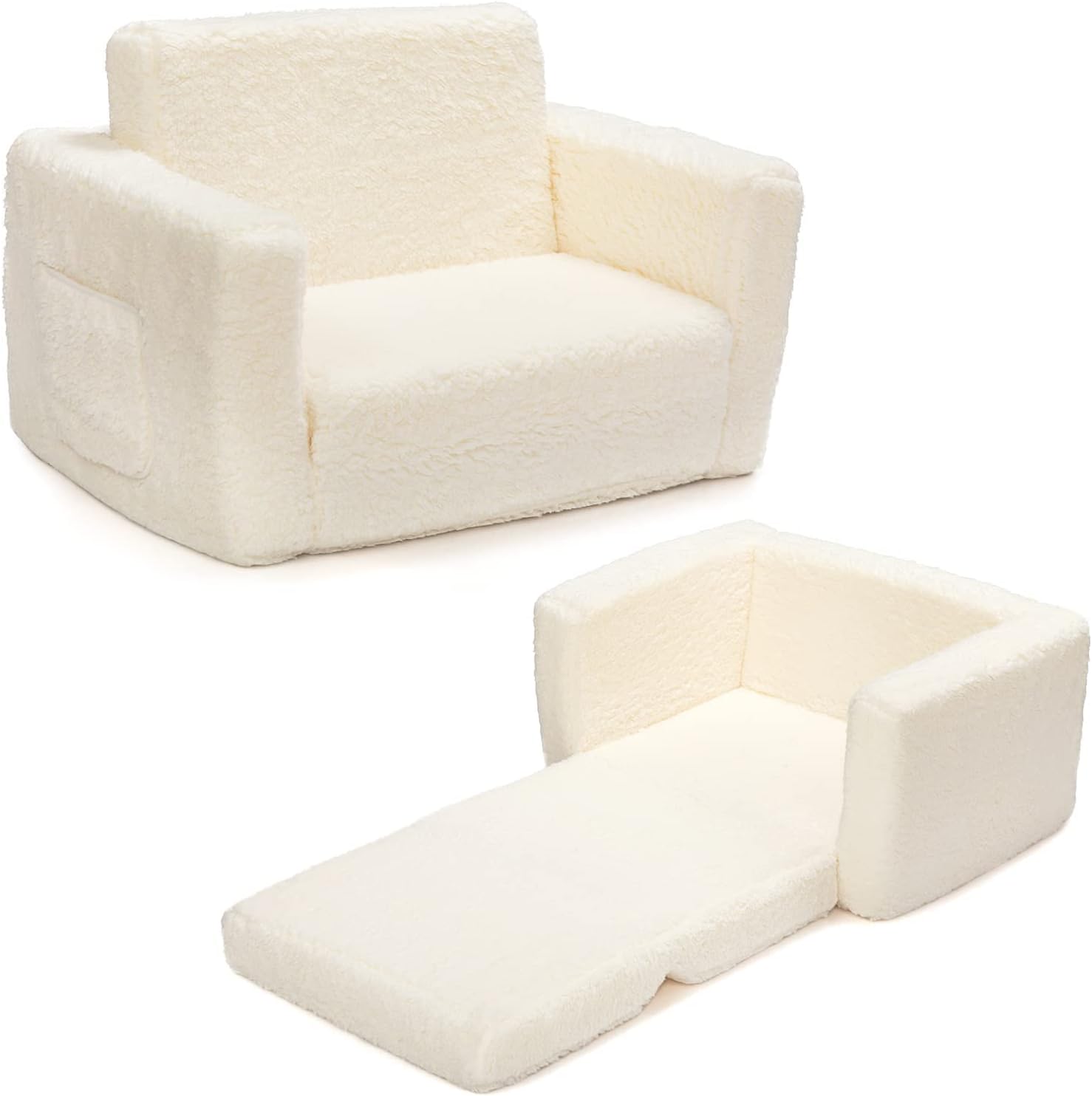 BEJOY Kids Sofa Bed 2-in-1 Flip Out Cuddly Sherpa Toddler Couch Convertible Chai...