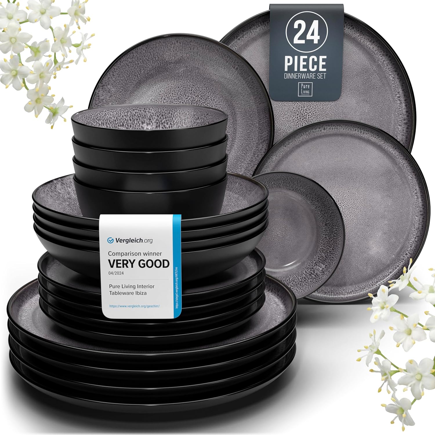 24 Piece Dinner Sets for 6 People - Beautiful Mediterranean Style Stoneware Dinn...