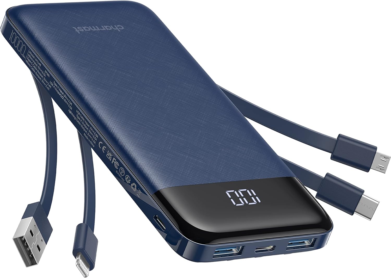 Charmast Power Bank with Built in Cables,10000mAh USB C Battery pack 6 Outputs 3...