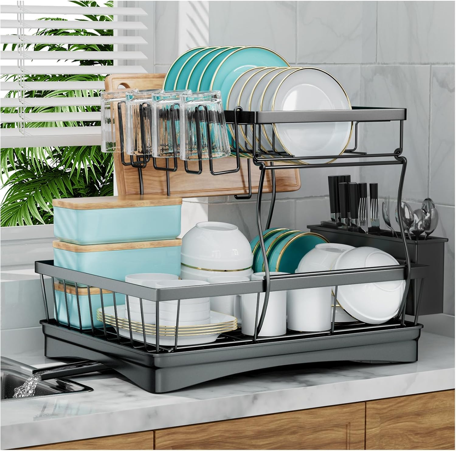 7 Code Large Dish Drying Rack, Special Large Capacity Dish Drainer Organizer wit...