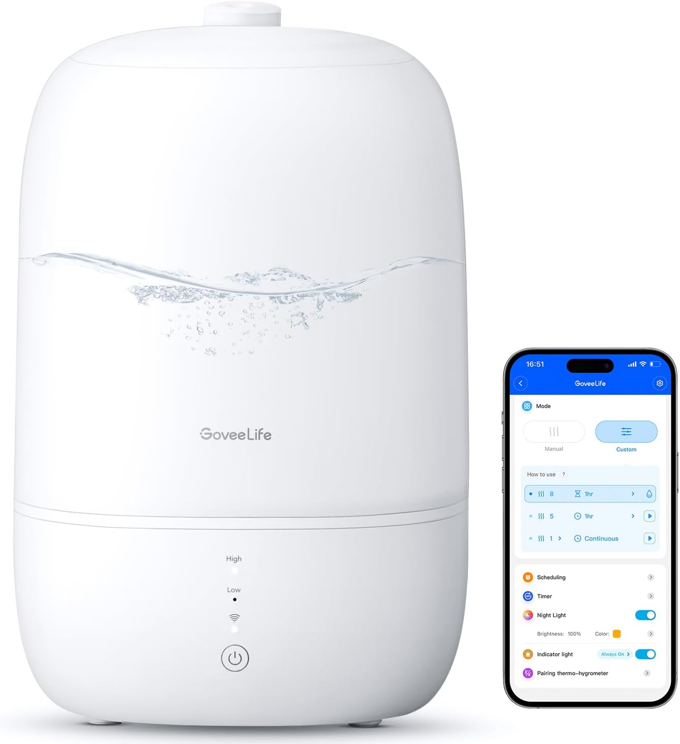 GoveeLife Humidifier for Bedroom, 3L Top Fill Cool Mist with WiFi Humidity Contr...