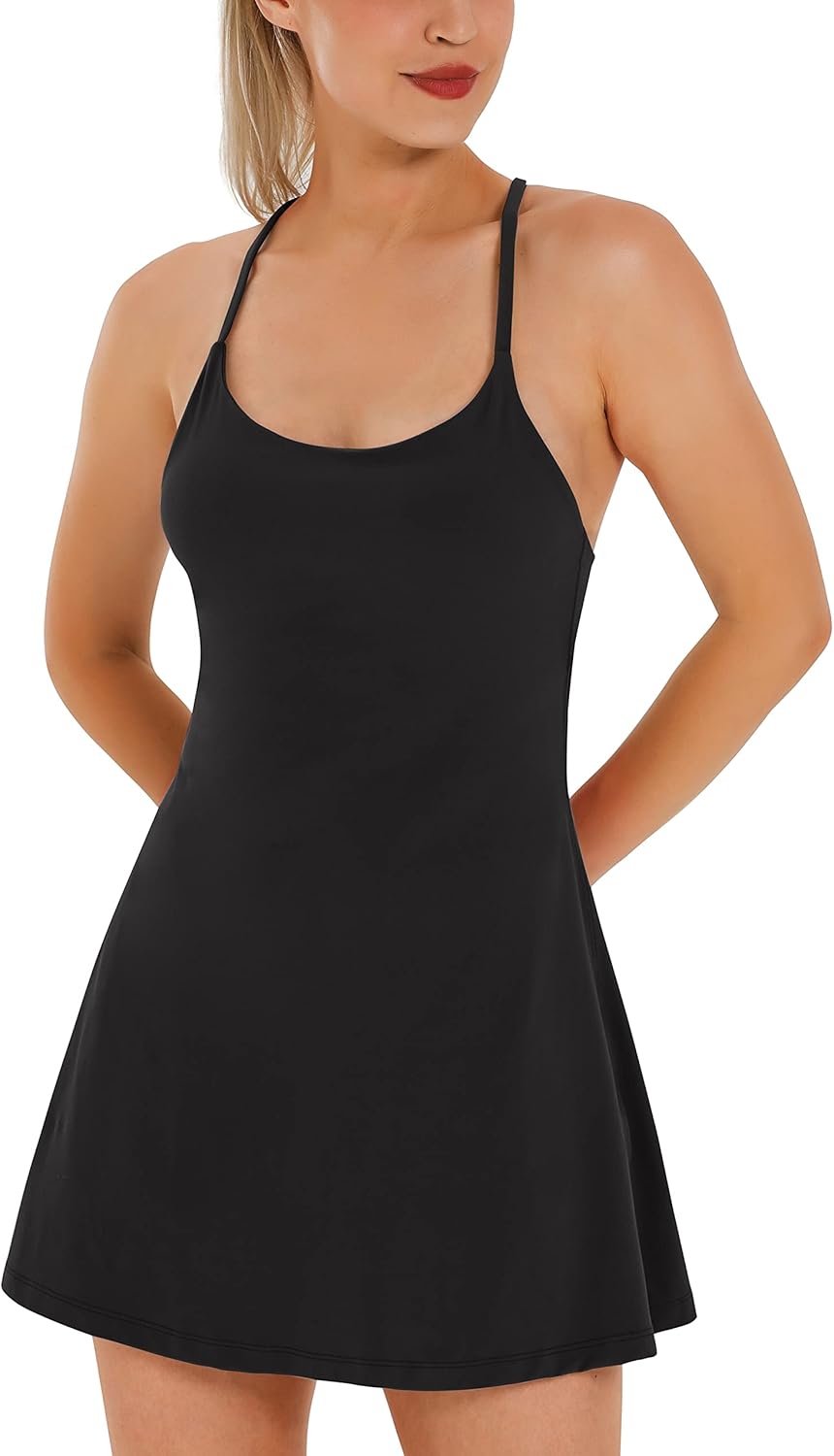 Womens Tennis Dress, Athletic Dress with Built-in Bra & Shorts Pockets Summer Dr...