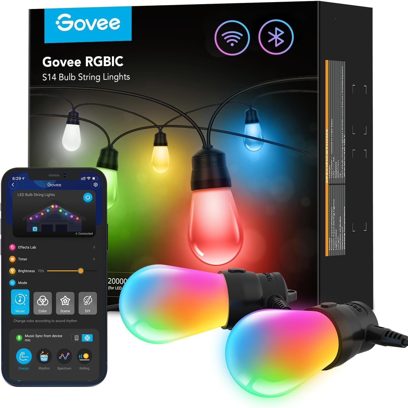 Govee Outdoor LED String Lights, 15m RGBIC WiFi Garden Lights Dimmable Warm Whit...