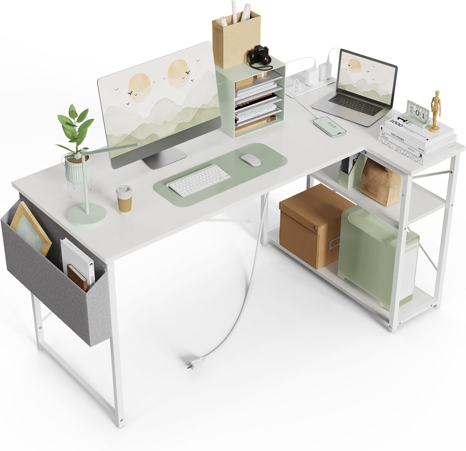 Affordable BEXEVUE Small Desk, Innovative L Shaped Desk with Power Outlets, Vers...
