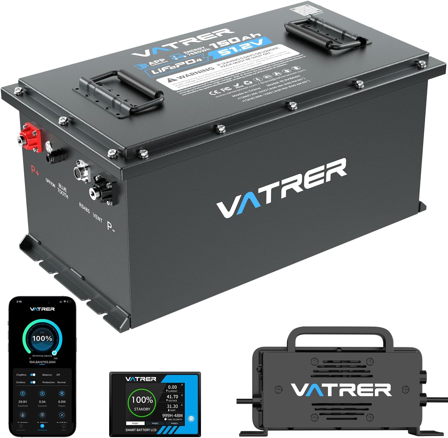 48V 150Ah Lithium Golf Cart Battery, Built-in Smart 200A BMS, with Touch Monitor...