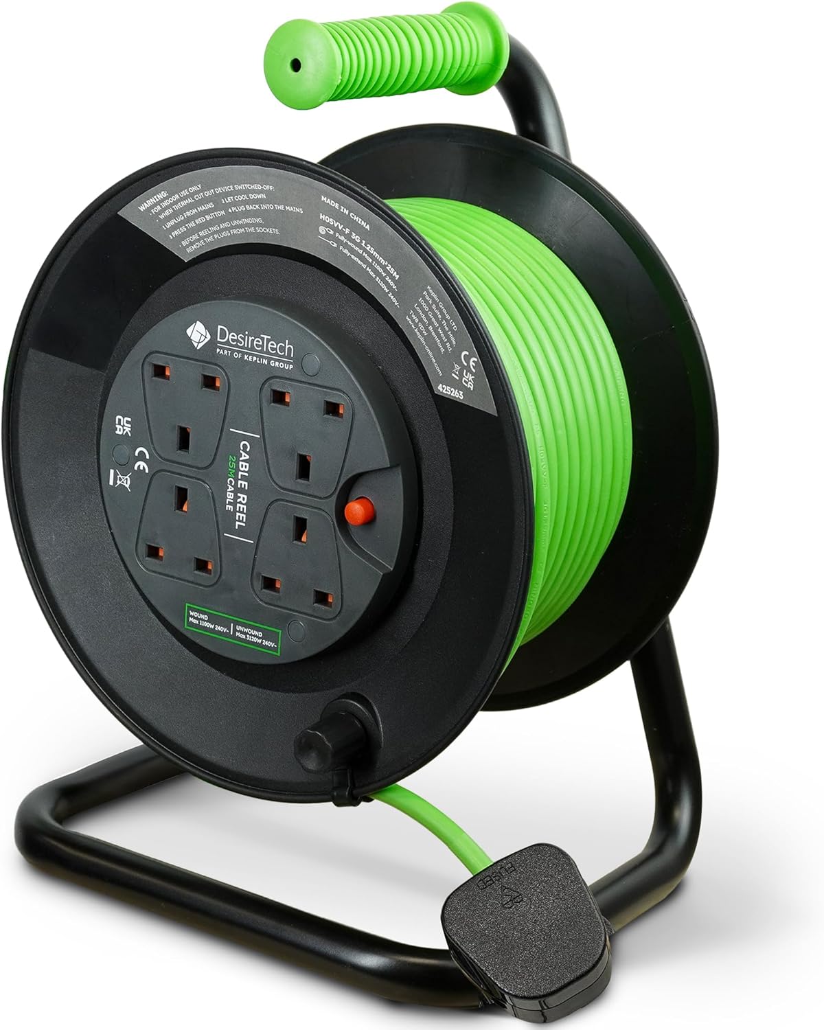 Desiretech - 4 Socket Extension Lead - 25m Portable Cable Reel - Thermal Cut Out...