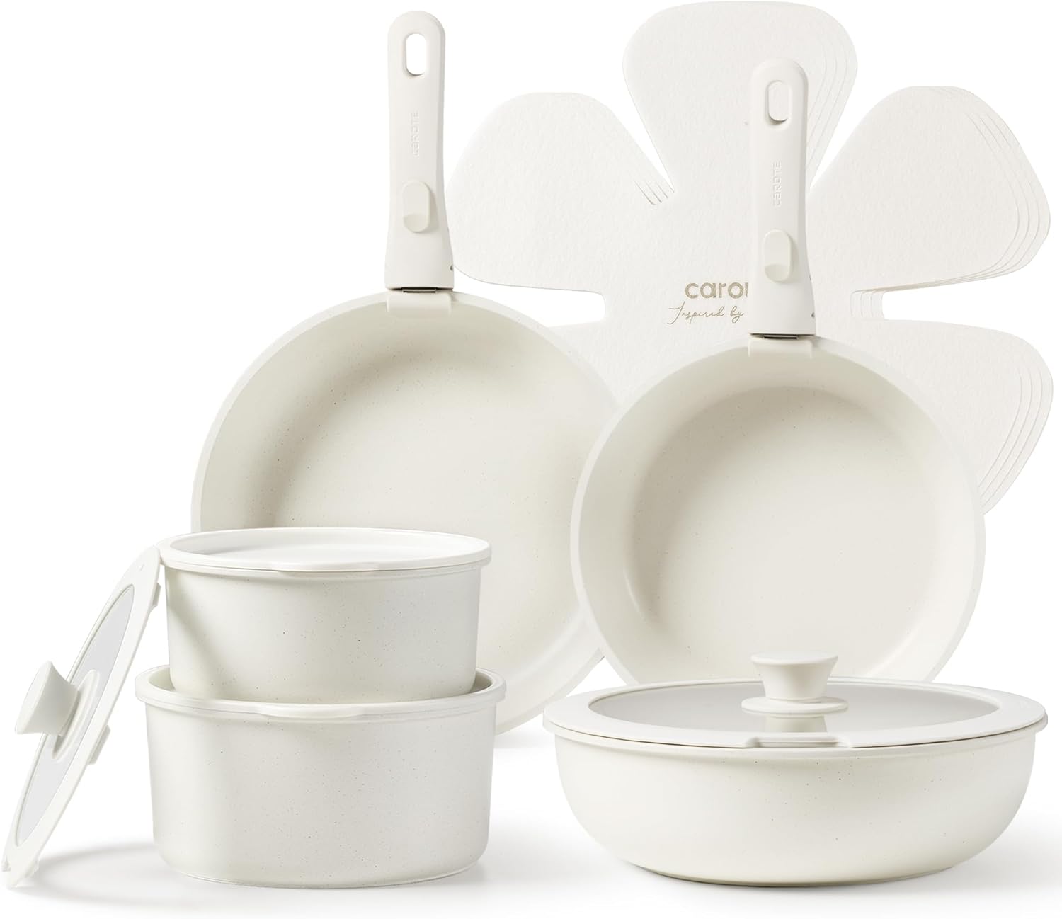 CAROTE 15-Piece White Non-Toxic Cookware Set with Removable Handles - Induction...