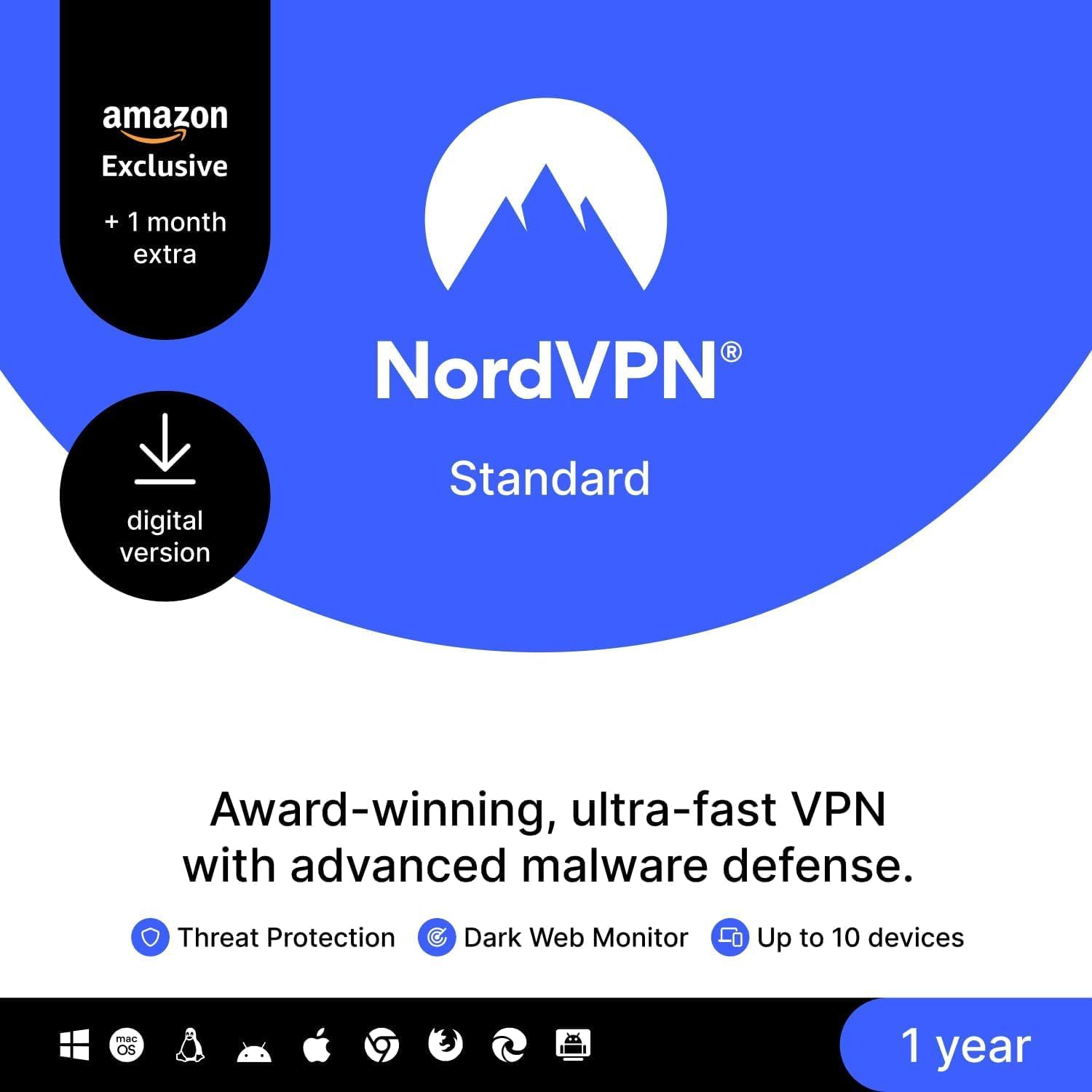 NordVPN Standard, Amazon Exclusive, 10 Devices, 1-Year + 1 Extra Month, Digital...
