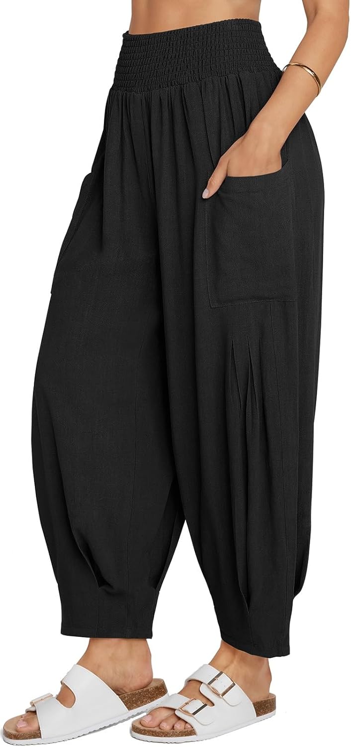 TARSE Women Linen Boho Pants Summer Casual Loose High Waist Cargo Lounge Harem P...