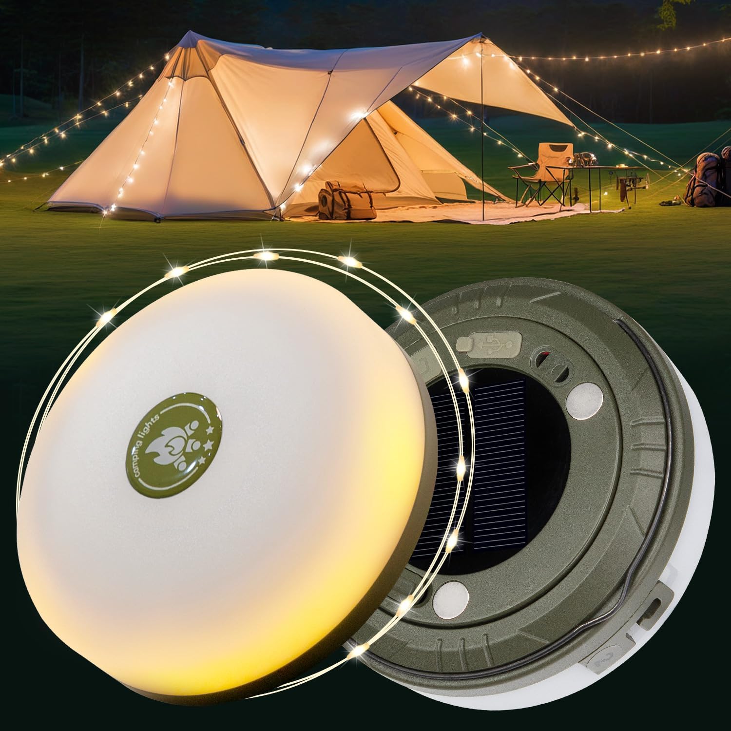 Special Camping String Lights Reel, Unique Solar Camping Fairy Lights with 5 Mod...