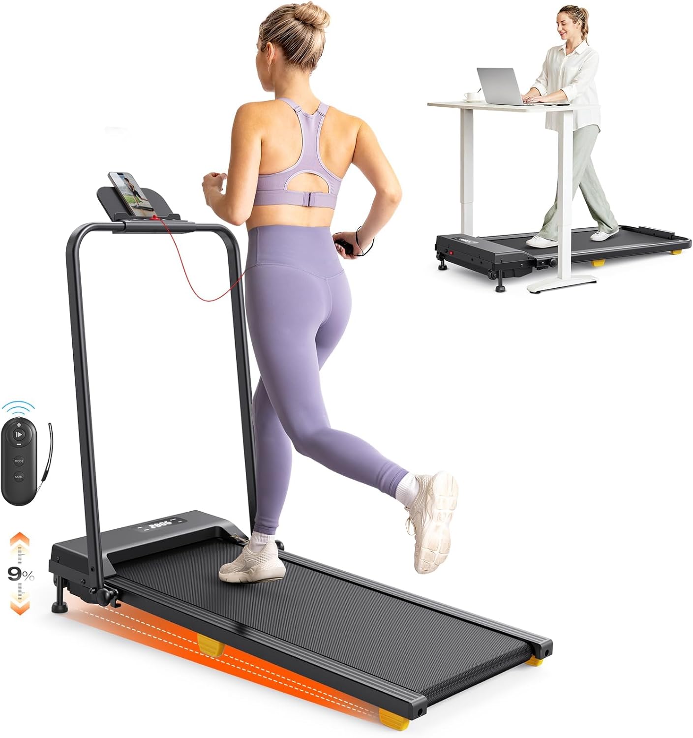 Folding Treadmill with 9% Incline, Walking Pad Foldable with Safety Handle Bar,...