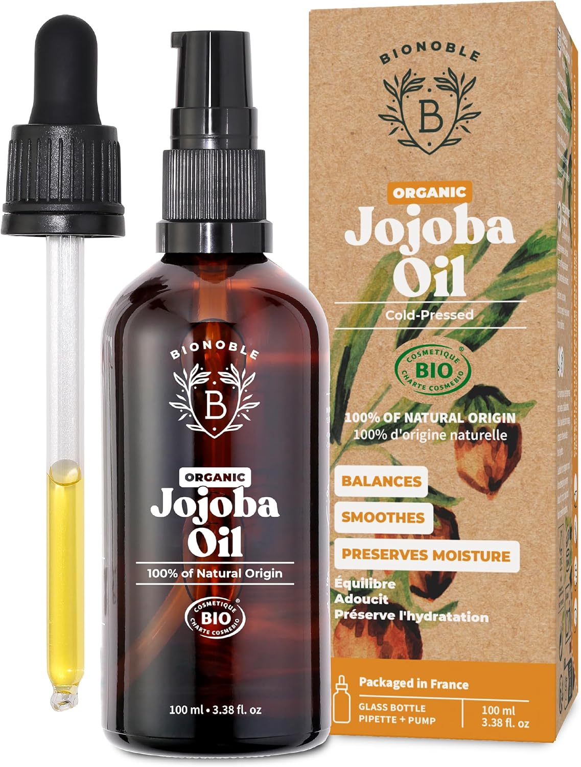 Bionoble Organic Jojoba Oil 100ml - 100% Pure, Natural and Cold Pressed - Face,...
