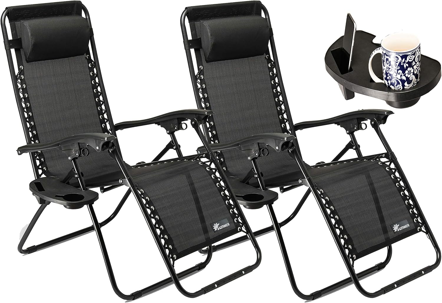 SUNMER Set of 2 Sun Lounger Garden Chairs With Cup And Phone Holder | Adjustable...
