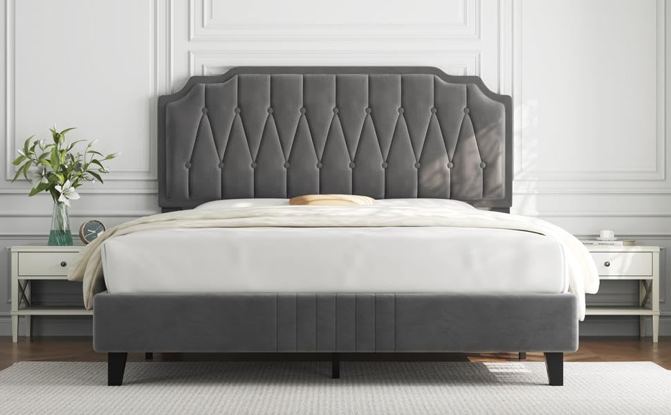 Yaheetech 5ft King Bed Frame Upholstered Platform Bed with Adjustable Button Tuf...