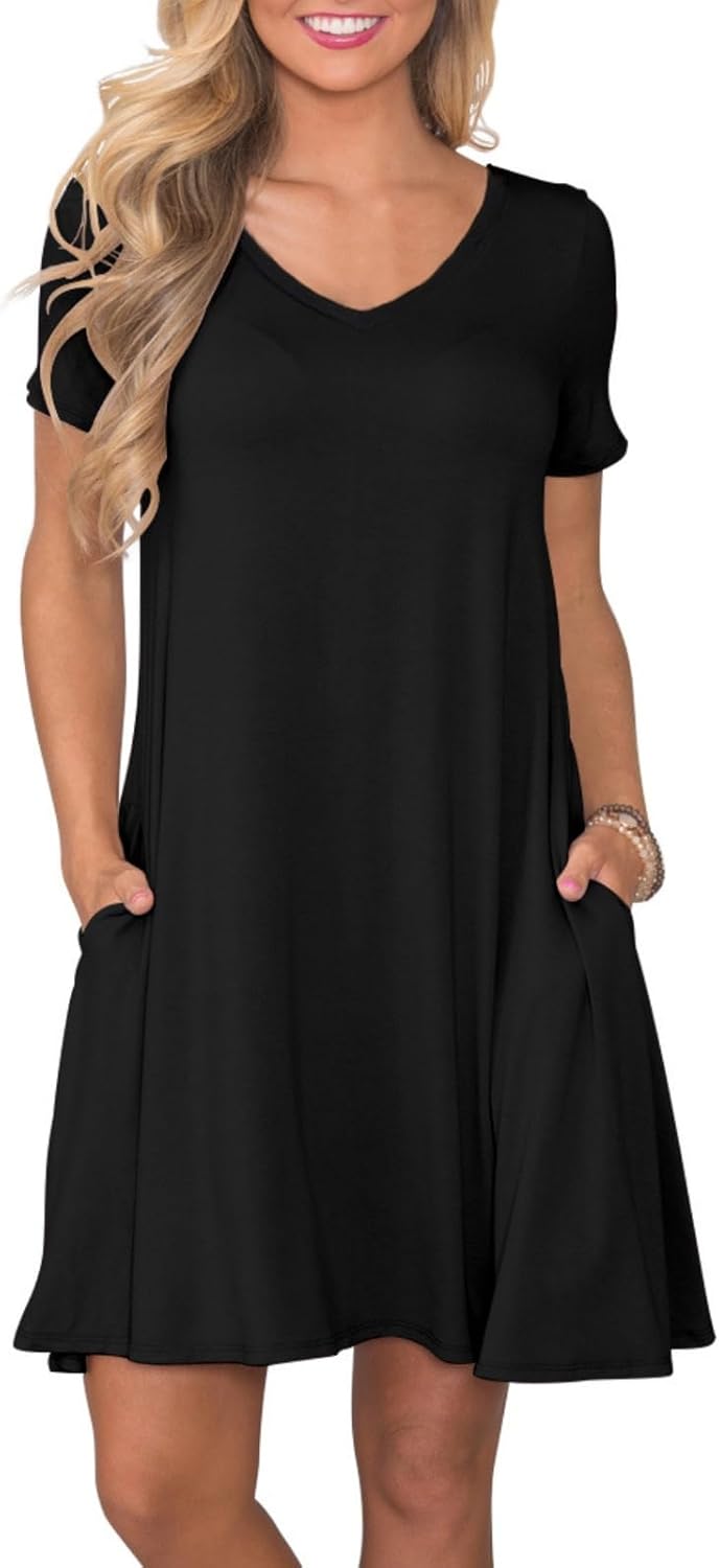 Women's Casual T Shirt Dress Summer Short Sleeve Swing Dresses with Pockets Blac...
