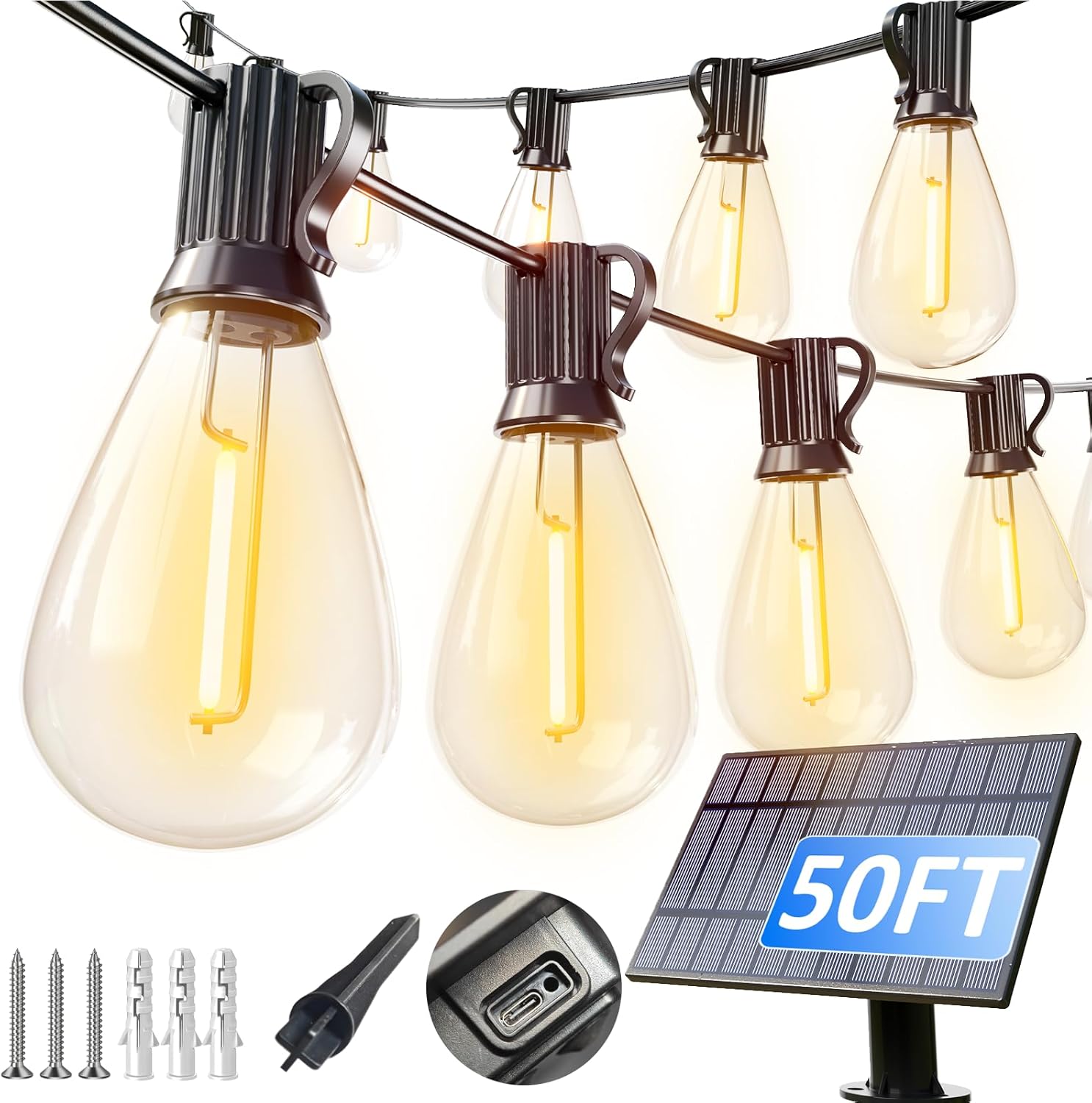 luckystyle 50FT Solar String Lights Outdoor Waterproof with 18+1 LED Bulbs Long...
