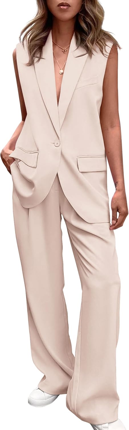 PRETTYGARDEN Women's 2 Piece Outfits Sleeveless Suit Vest and Wide Leg Pants Bus...