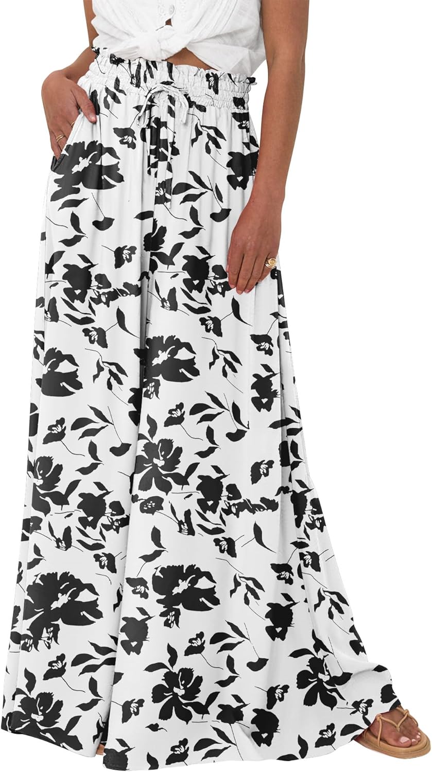 BTFBM Women Casual High Waist Wide Leg Pants Summer Floral Solid Long Palazzo Pa...